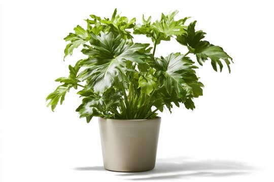 Green philodendron selloum plant in a ceramic pot on clean background, contemporary home styling