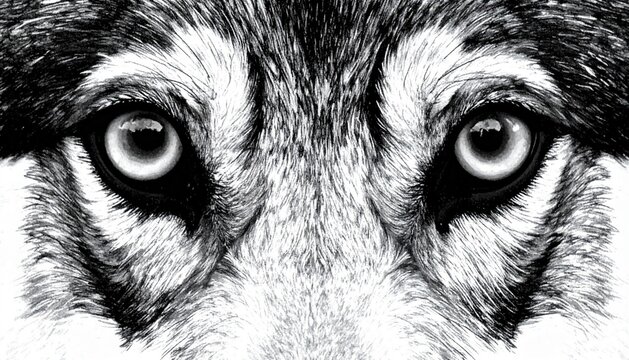 A dramatic black-and-white close-up of a wolf's piercing eyes, emphasizing strength, intelligence, and the untamed spirit of the wild. Perfect for wildlife campaigns, editorial publications, posters.