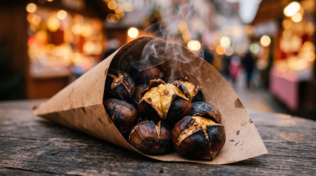 freshly roasted chestnuts, a popular street food snack commonly sold during the winter holiday season.They are traditionally cooked over an open fire, giving them a smoky flavor and a charred shell.