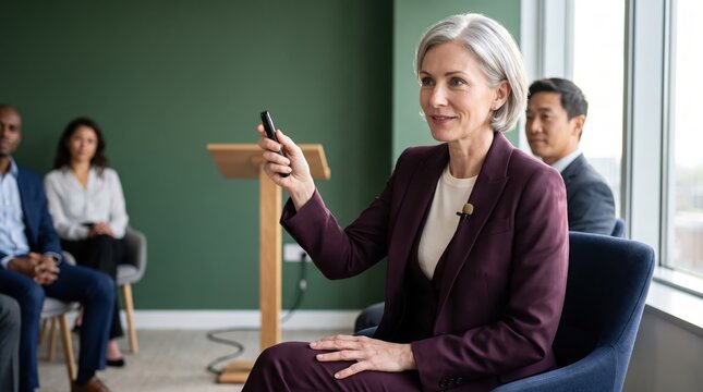 Generative AI, Confident senior businesswoman speaking at panel discussion with clicker