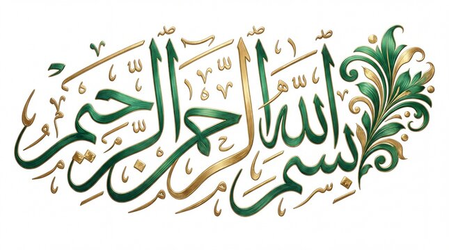 Arabic calligraphy Bismillah in gold and green, Islamic religious script with floral ornaments, elegant Basmala illustration for Ramadan