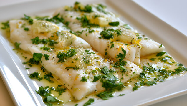 Steamed Basa Fish Fillets served with a citrus-infused lime dressing and a herb blend, presented on a fine plate