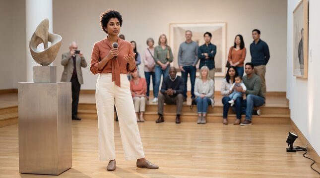 Generative AI, Woman docent giving guided tour with microphone at art museum