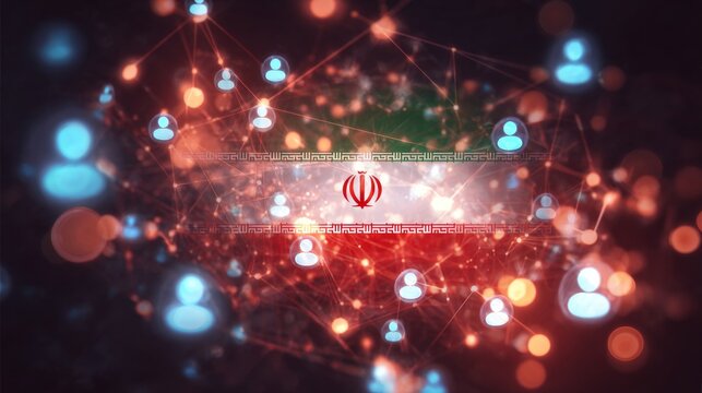 Dynamic blast against a flag's quiet strength. Virtual teamwork icons. Colorful explosion with dramatic terrain behind the iranian flag. Digital friends network. Virtual social interaction.