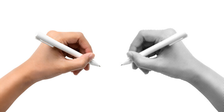 Color and Halftone Grayscale Hands Holding Pens Facing Each Other Isolated on White