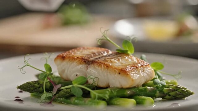 Pan-seared white fish fillets served on a bed of fresh green asparagus with microgreens, presented on a white plate.