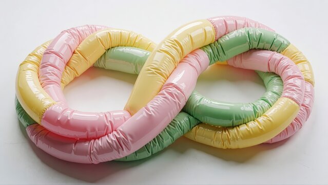 Pastel infinity knot made of soft tubes. Abstract loop shape with pink, yellow, green.
