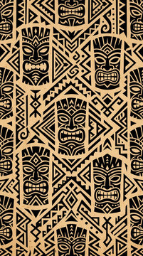 Tribal tiki mask pattern in black and beige on textured background  