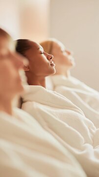 Minimalist spa scene with clients in plush robes enjoying tranquil relaxation. Soft lighting highlights ease, balance, and luxurious togetherness in a serene setting.