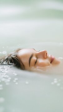 A serene spa scene shows a woman&rsquo;s face partially immersed in tranquil water with delicate flowers afloat. Minimalist composition, soft light, and calm ambiance evoke premium wellness.