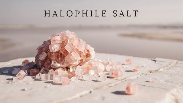 Natural halophile salt crystals arranged on a light reflective surface near water