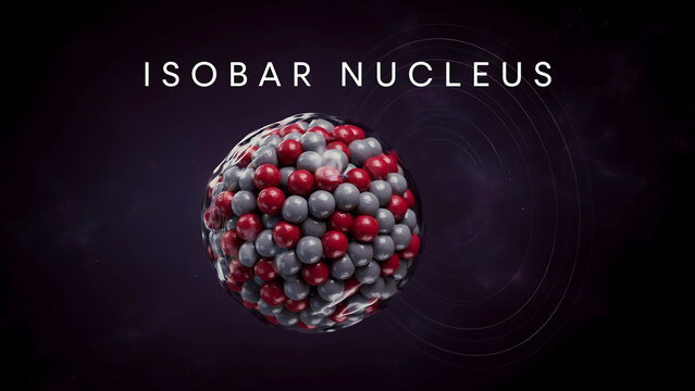 Scientific depiction of isobar nucleus showing protons and neutrons within atomic structure