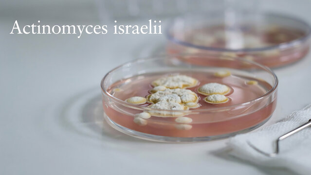 Petri dish showing Actinomyces israelii bacterial colonies growing on agar medium