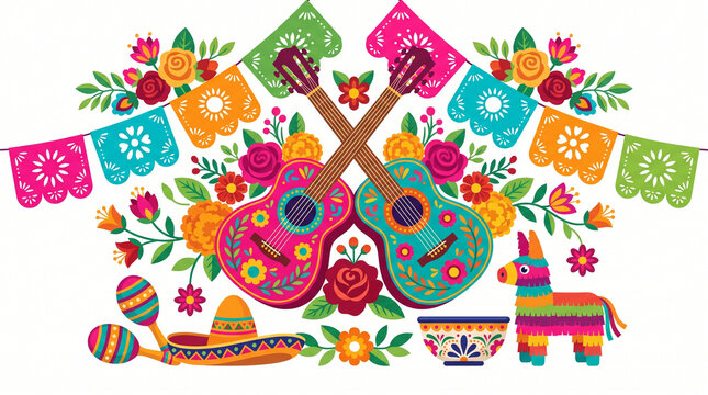 Vibrant Hispanic Fiesta Celebration with Guitars Papel Picado and Traditional Elements