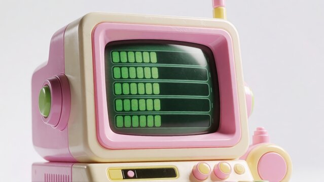 Retro pink computer monitor with loading screen. Vintage style PC displaying digital data.