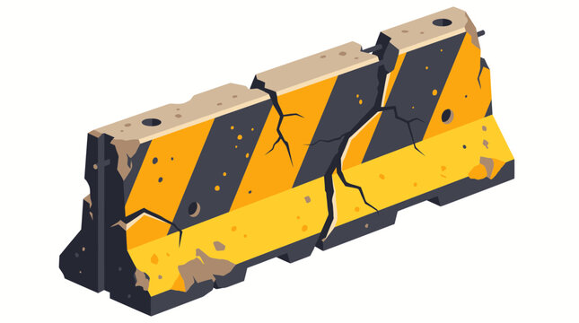 Damaged concrete barrier vector showcasing yellow hazard stripes, cracked surfaces and structural rebar, symbolizing roadway safety hazards and construction obstacles