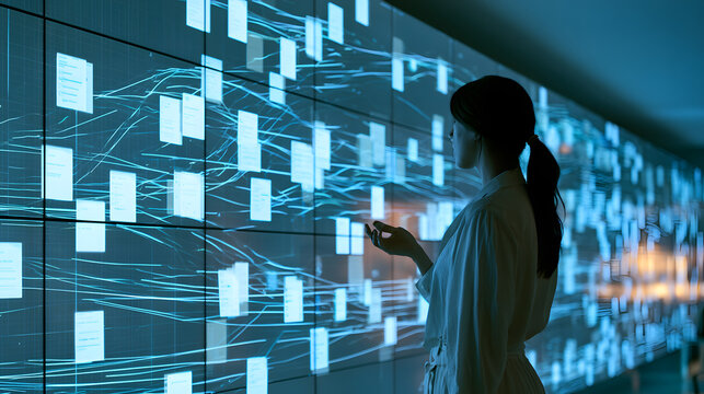 A female observer looks at a massive wall featuring self-propelled task cards and data nodes in a corporate setting illuminated by sleek lighting.