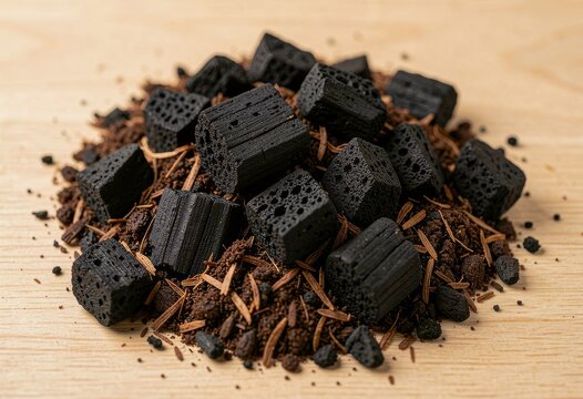 Activated charcoal blocks and soil mixture on wood