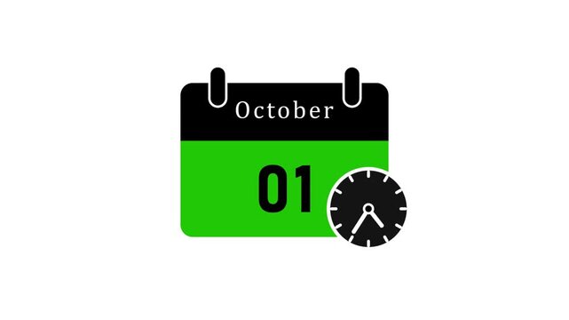 October 1st calendar date change animation with black clock on green background