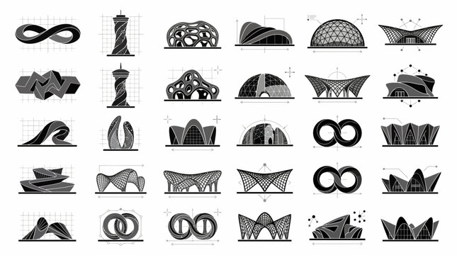 Futuristic architecture icons and parametric building symbols featuring modern structure designs, organic dome concepts and blueprint grids, representing urban innovation and modern engineering