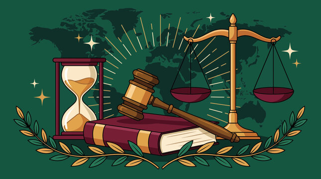 Global law and justice concept illustration featuring golden balance scale, wooden gavel resting on book and vintage hourglass, symbolizing international legal system and judicial fairness