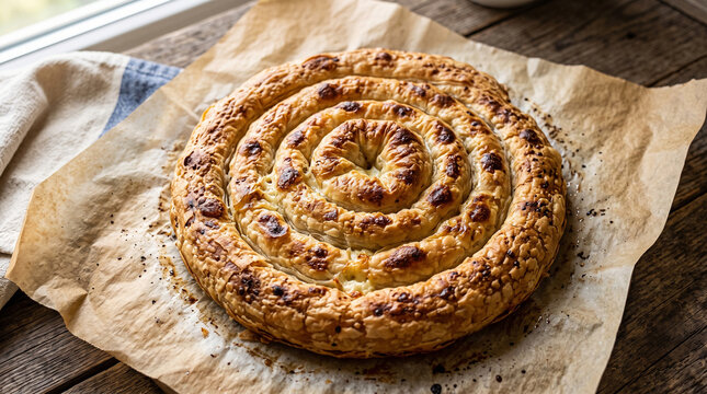 B&ouml;rek, a traditional baked filled pastry found in Turkish and Balkan cuisines.It is specifically formed into a spiral shape, often referred to as a "swirl pie" or kol b&ouml;reği.