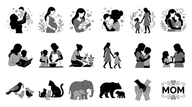 Motherhood silhouette icons and family vector illustrations showcasing maternal care, child parenting and animal mother bonding, symbolizing unconditional love and mother's day celebration