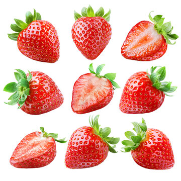 Collection of juicy ripe whole and sliced strawberries isolated on transparent background.