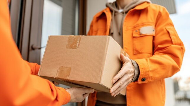 Delivery person hands package to recipient close up view courier service