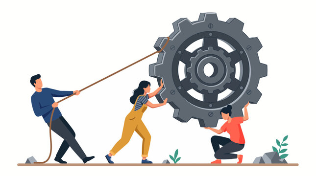 Flat business team members vector illustration showcasing giant gear movement, collaborative effort and process synchronization, representing teamwork synergy and corporate problem solving