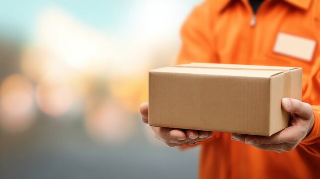 Delivery person holding cardboard box for transportation concept