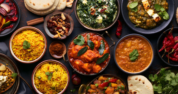 A diverse assortment of Indian cuisine is displayed on a dark, rustic background. Traditional dishes such as Chicken Tikka Masala, Palak Paneer, Saffron Rice, Lentil Soup, Pita Bread, and spices are f