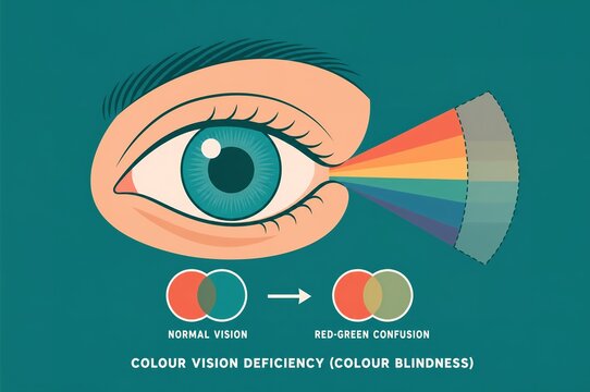 Colour vision deficiency infographic showing eye perceiving rainbow spectrum and red green confusion