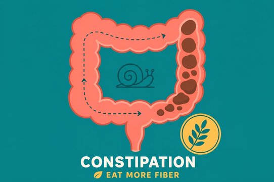 Constipation medical infographic showing slow digestion in colon bowel tract and fiber icon