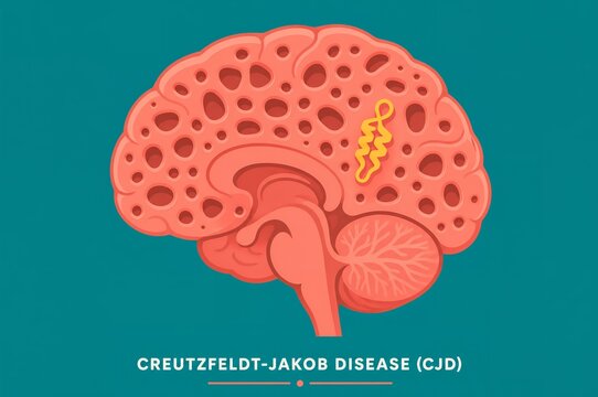 Creutzfeldt Jakob disease medical illustration showing spongiform encephalopathy brain pathology