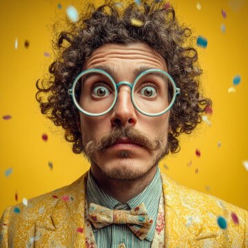 Playful disguise for april fool's day fun. Elegant outfit. Comical disguise ensemble with party elements in vivid yellow setting. Stylish concept. Sophisticated pose.