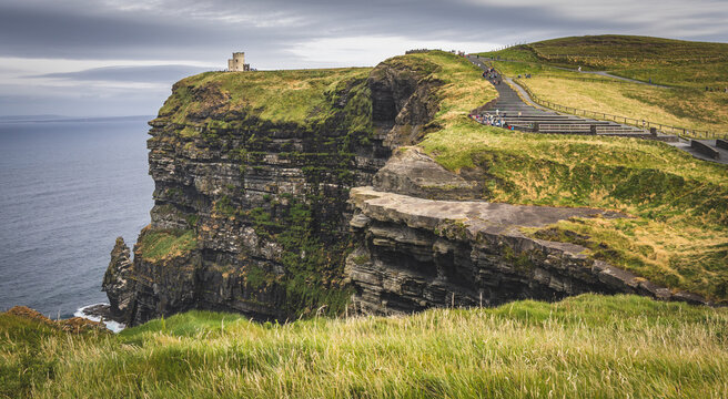 Looking north at the Cliffs of Moher, with O'Brien's Tower in view.