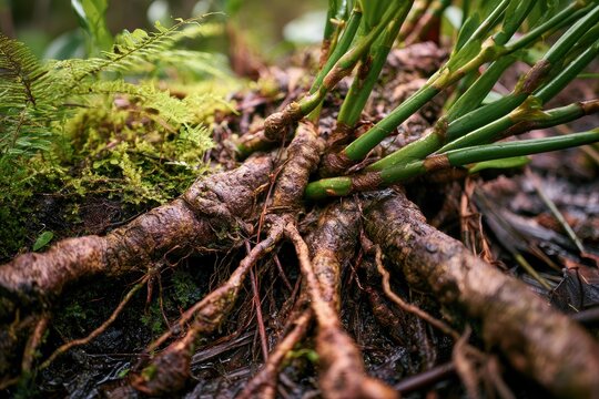 Group of thick smilax roots and green vines on damp Florida soil