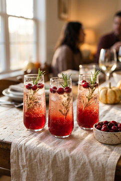 Three glasses of sparkling cranberry cocktail with rosemary and ice on a rustic table. Festive Thanksgiving holiday drinks with blurred people in background
