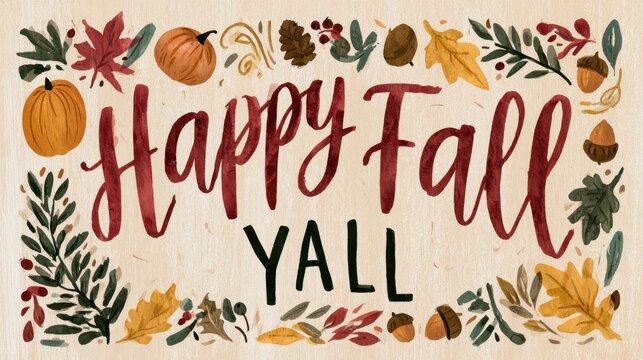 Happy Fall Yall Handwritten Typography in Warm Autumn Colors for Cards, Posters and Apparel
