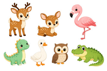 Naklejka premium Cute Cartoon Animal Collection with Deer, Flamingo, Dinosaur, Goose, Owl and Crocodile