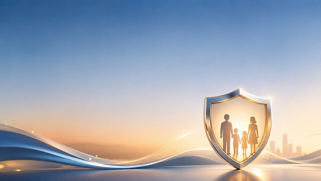 Family Protection and Insurance Concept with Parents and Child Inside Shield on Modern Abstract Blue Background