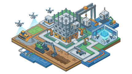 Fototapeta premium Construction site features robotic cranes and drones monitoring the structural development process.