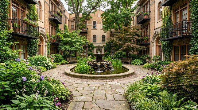 Lush courtyard garden with a central stone fountain in a residential brick building complex with green trees and flowers