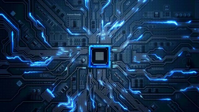 Futuristic CPU processor microchip with blue glowing circuit board energy light flow animation
