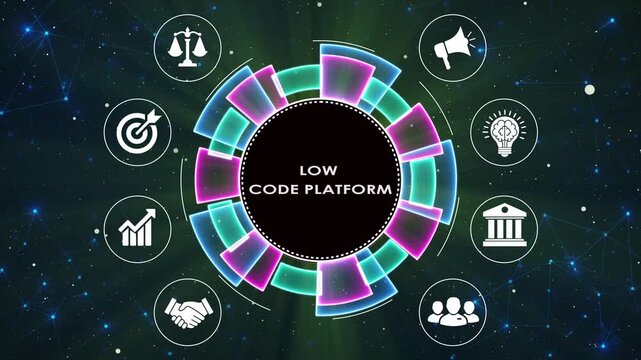 Abstract low code platform background with business icons motion graphic concept.
