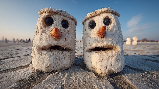 Two funny snowmen faces made of ice on a wooden surface.