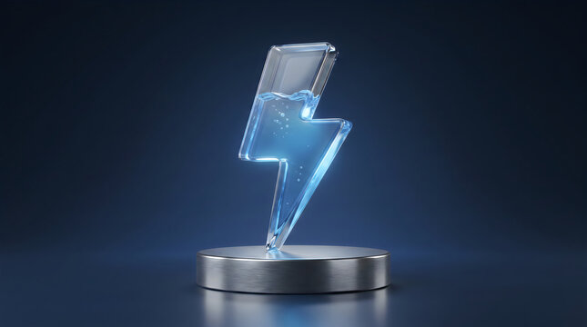 3D blue liquid lightning bolt symbol representing clean energy solutions on metallic stand