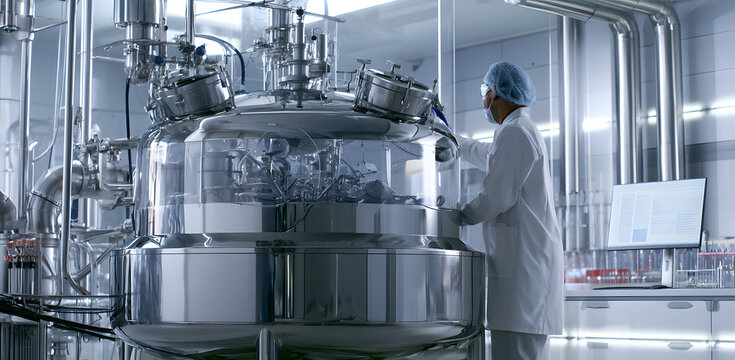 Bioreactor equipment, pharmaceutical manufacturing plant, scientists working in cleanroom. Industrial bioreactor tank, vaccine production, biotechnology research laboratory, medicine manufacturing. 3D