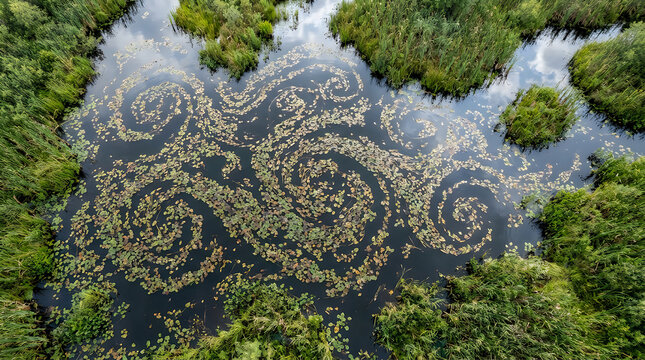Water lilies forming natural spiral patterns in lake surrounded by green forest aerial view